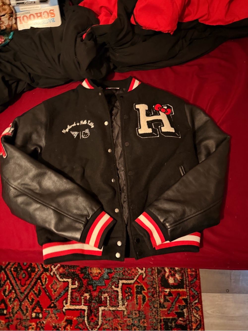 Hello Kitty Black and Red Varsity Letterman Jacket